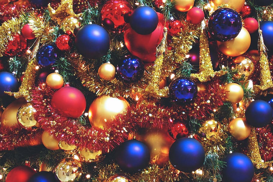tiro, primer plano, decoraciones navideñas, varios, navidad, decoración, iluminado, fondos, multicolor, rojo