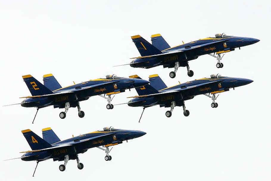 four, black, jet planes, airplane, blue angles, aircraft, sea fair, seattle, military airplane, fighter jet
