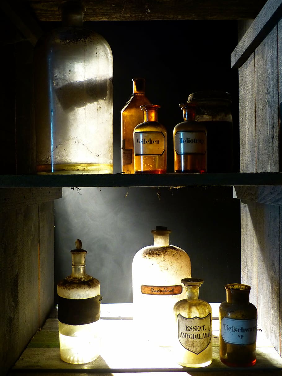 glass bottle lot, glass, bottle, old, pharmacy bottle, transparent, decoration, brown, back light, container