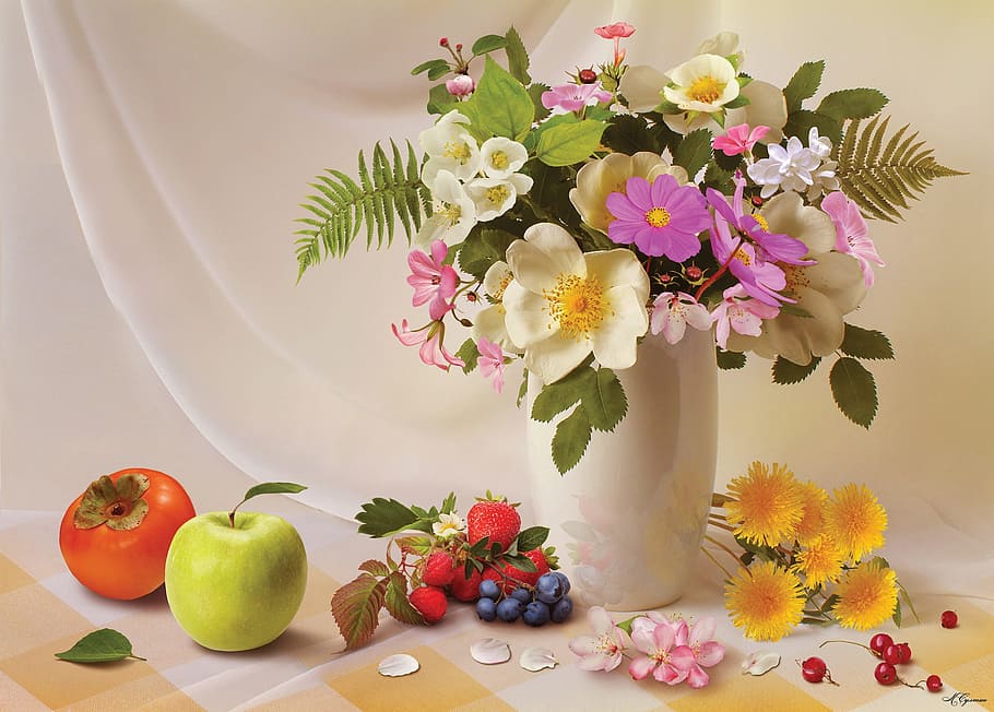 flowers, white, vase, fruits, still, life painting, flower, background, decoration still life, fruit