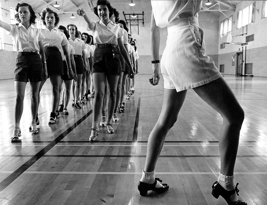 grayscale photo, women, dance gesture, dancing, class, children, vintage, retro, old times, 20th century