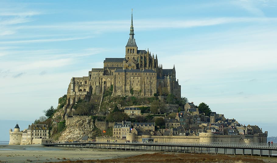 brown, concrete, castle, blue, sky, normandy, mont saint michel, abbey, built structure, architecture