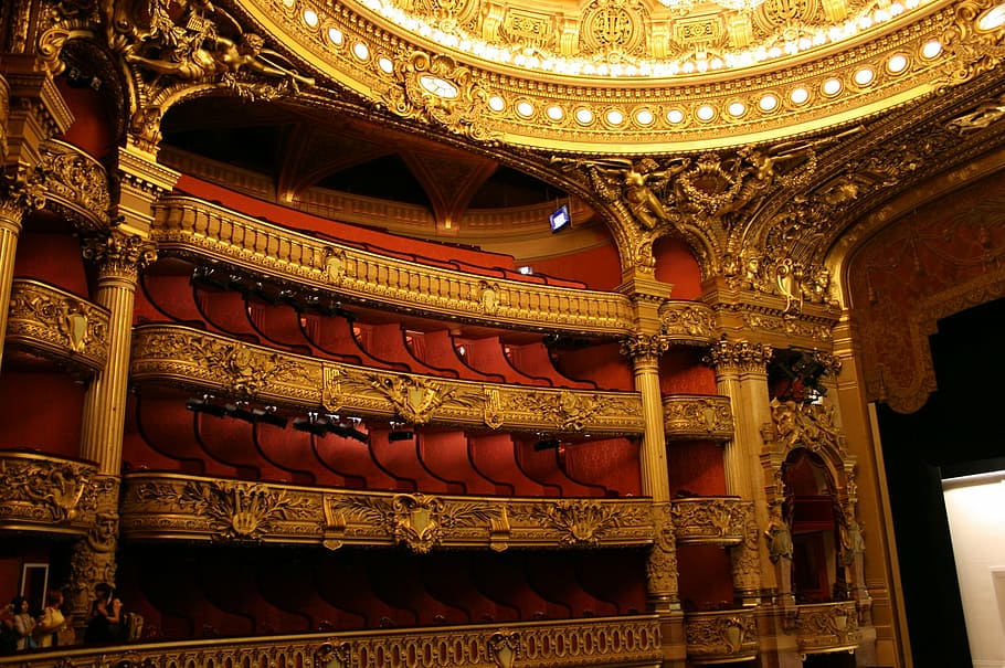 red, gold theater house, the paris opera, opéra garnier, theatre, architecture, indoors, low angle view, built structure, craft