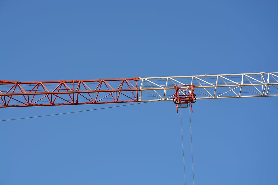crane arm, site, work, crane, machine, red, white, pulleys, blue, sky