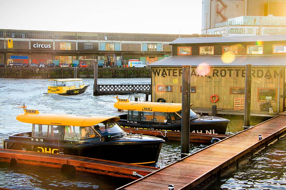 Rotterdam, Países Bajos, Río, Luz solar, cámara, agua, viajes, primavera, tableros de fibra de madera, taxi