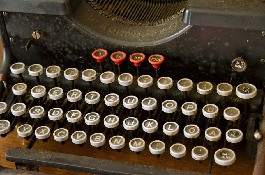 typewriter, keyboard, key, antique, in a row, indoors, technology, old, circle, geometric shape