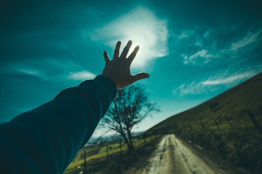 guy, man, male, people, hands, reach, nature, sky, clouds, horizon