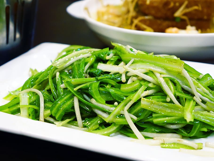 vegetal verde, vegetal de dragón verde, 青龙 菜, brotes de soja, vegetales, salteados, verde, chino, restaurante, oriental