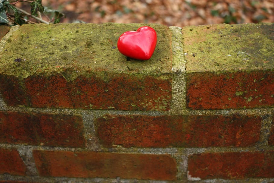 vermelho, estatueta de coração, marrom, tijolo, coração, parede, triste, solitário, em branco, emoção