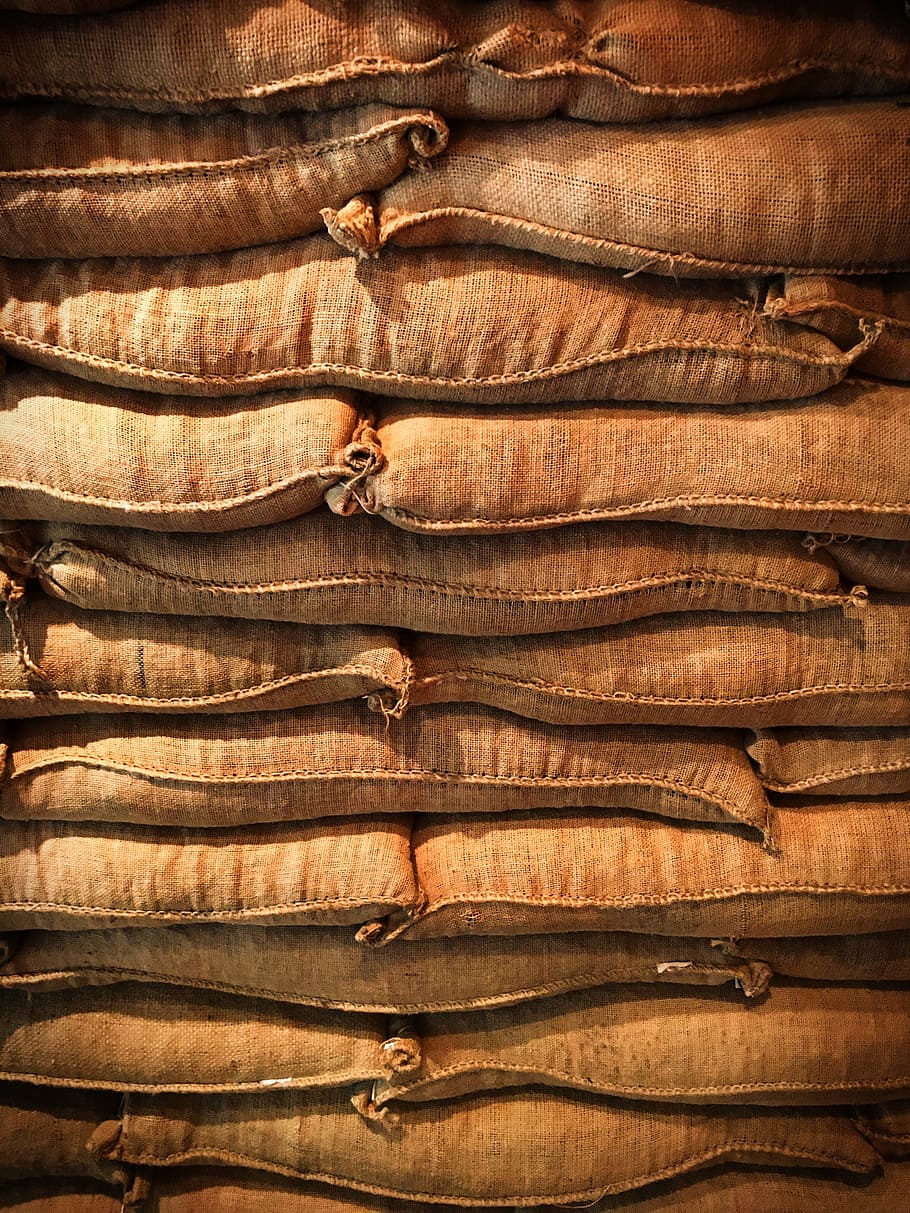 brown pillows, sacks, stacks, stock, texture, warehouse, backgrounds, full frame, pattern, textured