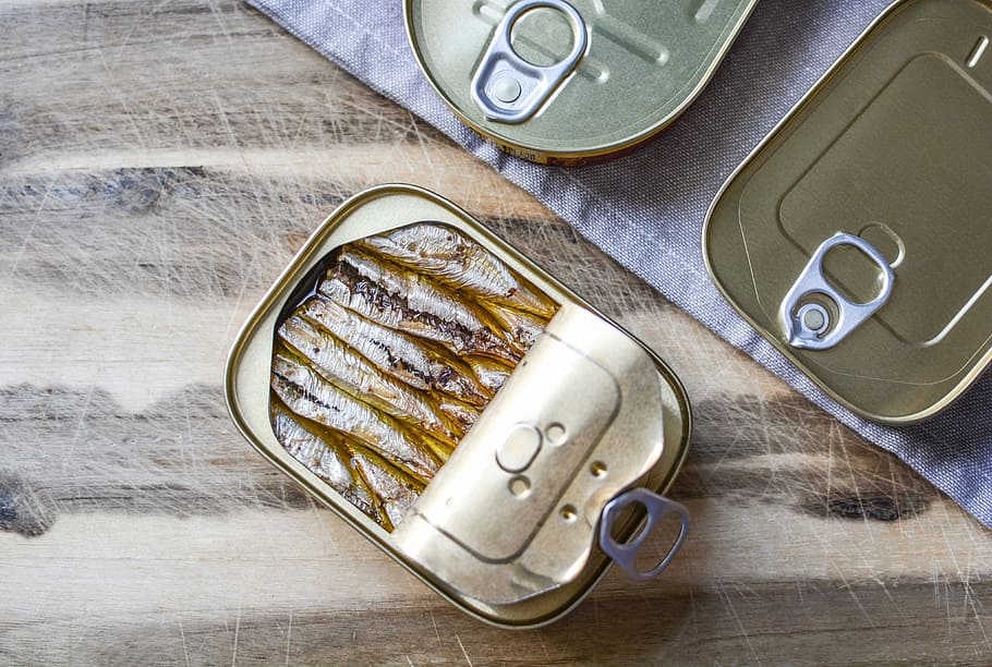 opened canned sardines, fish, can, metallic, aluminum, container, storage, sprats, sardines, omega 3