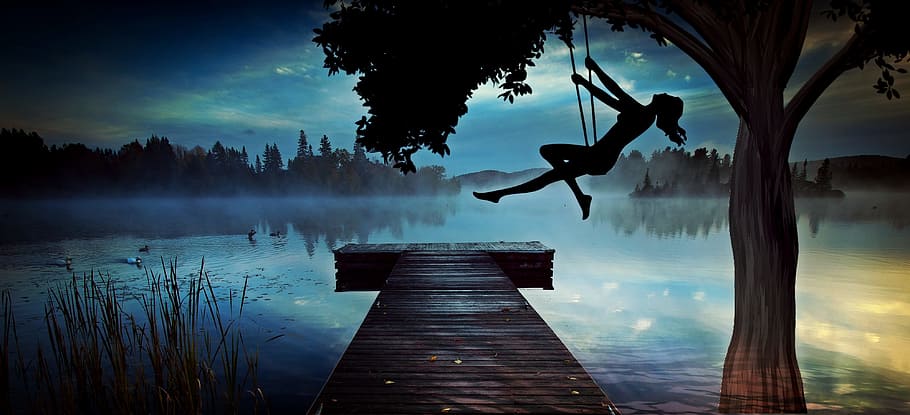 silhouette, woman, riding, swing, night, girl, lake, web, abendstimmung, tree