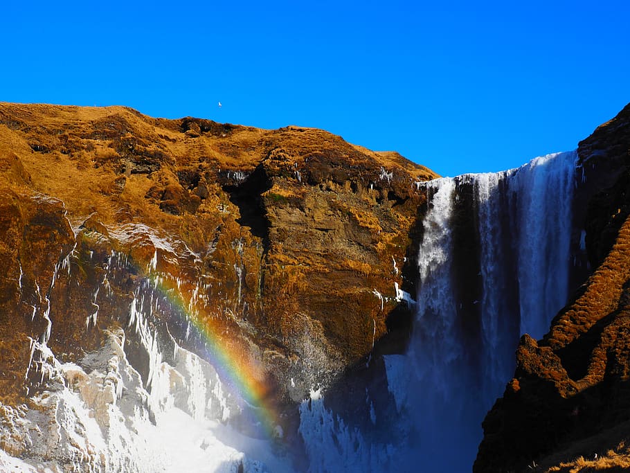 skogafoss, waterfall, river, skógá, iceland, water, water masses, landscape, scenics - nature, beauty in nature