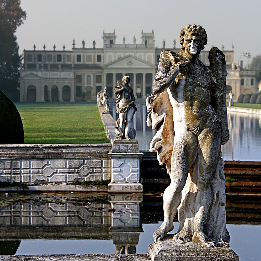 Villa Pisani, Veneto, topless, man, statues, water, fountain, palace, sculpture, art and craft