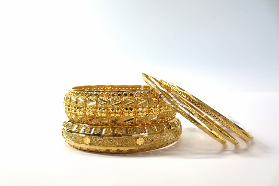 two, gold-colored bangles, three, bracelet, bangle, fashion, jewelry, decoration, jewellery, glamour