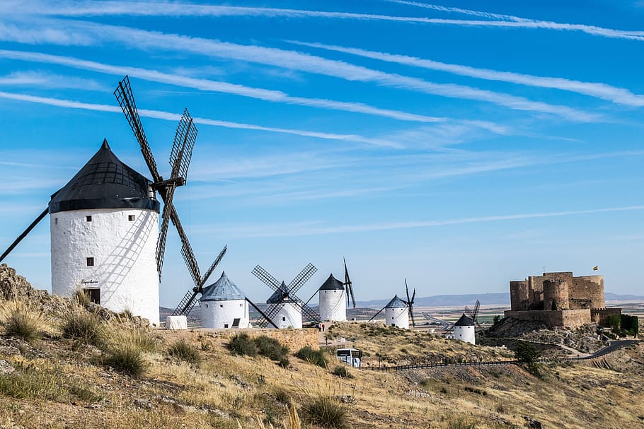 windmills, castle, landscape, consuegra, toledo, spain, sky, renewable energy, wind turbine, wind power