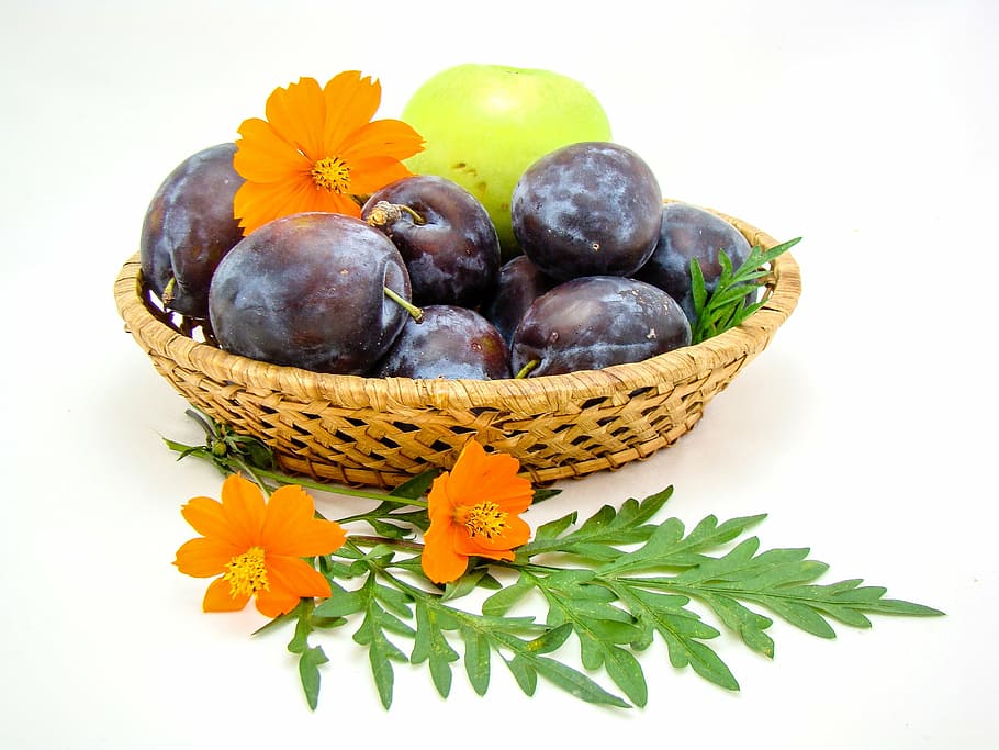 fruit, basket, flowers, plum, apple, white background, summer, food, food and drink, freshness