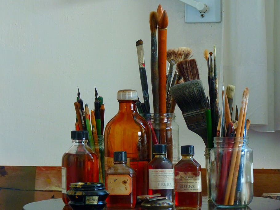 assorted paint brushes, paint brushes, brush, color, pens, paint, colorful, paintbrush, craft, bottle