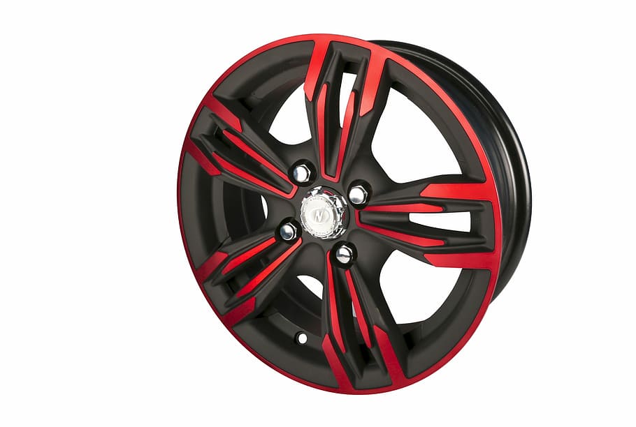 red, black, 5-spoke, car wheel, wheel, alloy, car, cut out, white background, studio shot