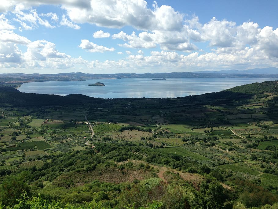 italy, lake, lago di bolsena, montefiascone, view, clouds, dormant volcano, landscape, panorama, summer