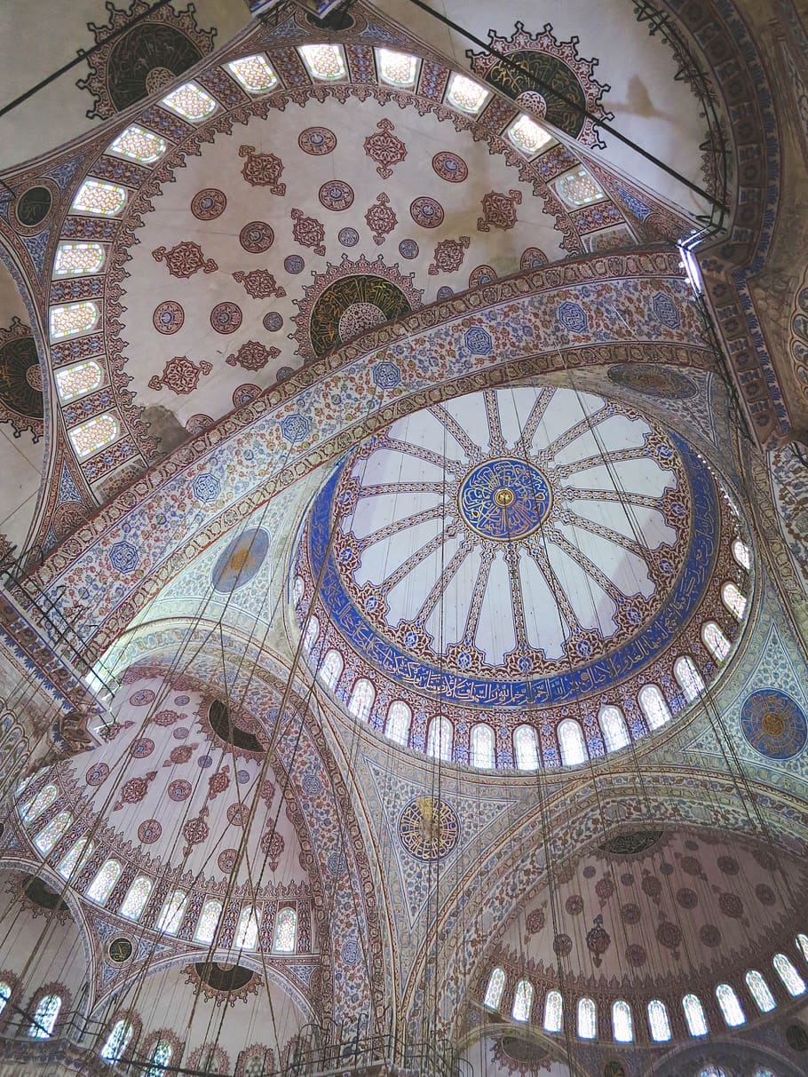 Blue Mosque, ceiling, Istanbul, Turkey, architecture, glass stained windows, ropes, built structure, low angle view, pattern