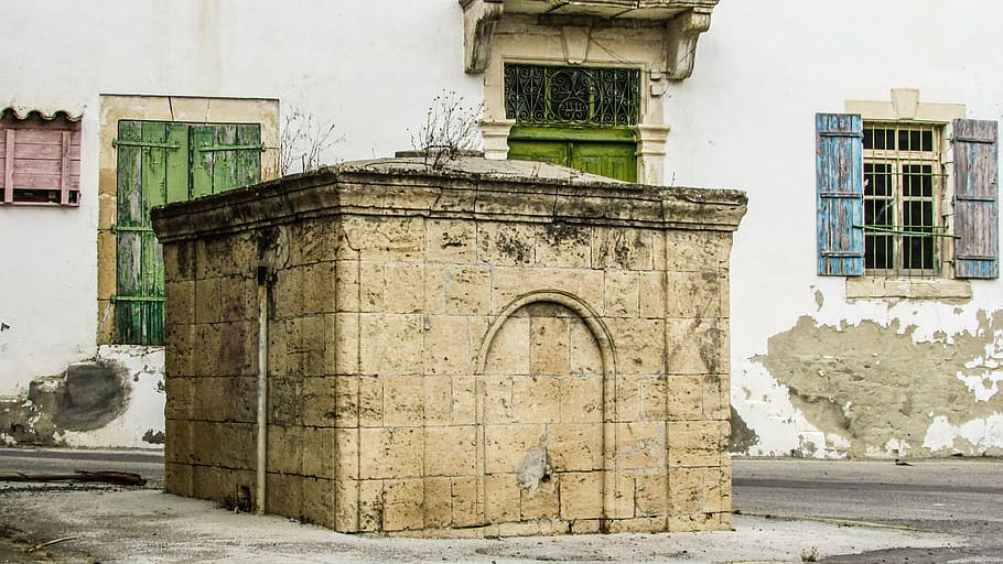 chipre, athienou, bacia de água, tanque, velho, pedra construída, otomano, rua, arquitetura, casa