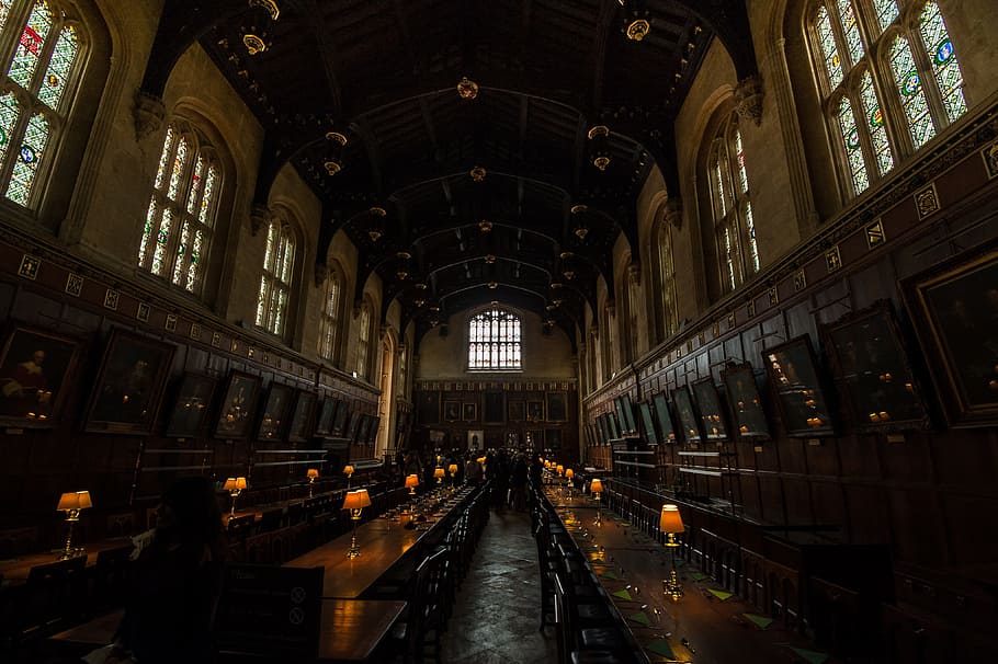 brown wooden tables, harry potter, oxford, england, architecture, built structure, indoors, arch, place of worship, building