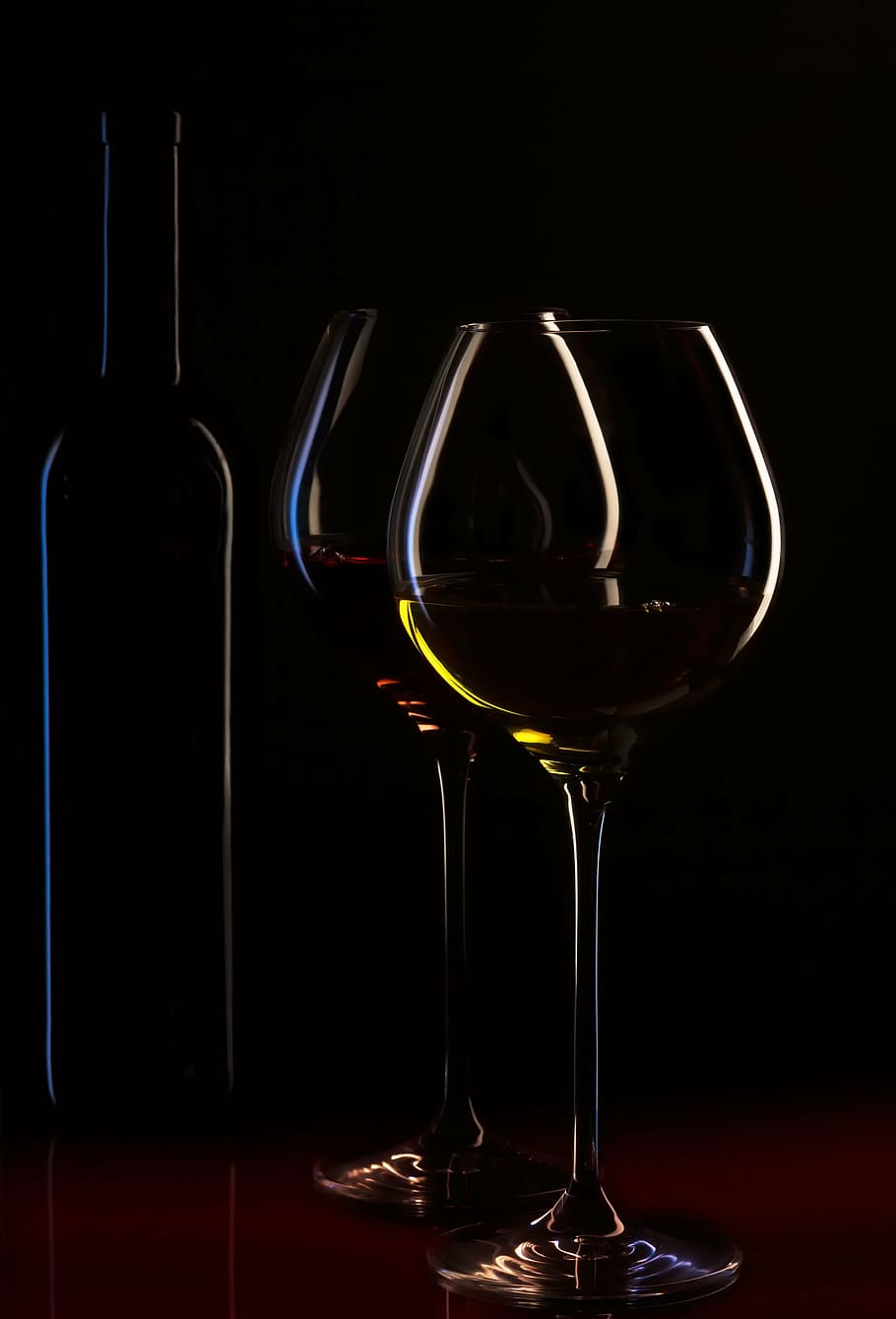 claro, copas de vino de vidrio, botella, botella de vino, copas de vino, vino, ambiente, carta de vinos, líquido, vino tinto