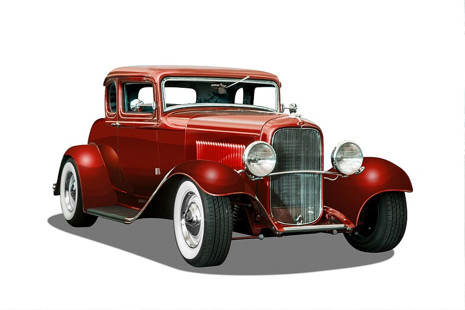 coche de época, fondo blanco, hot rod, color rojo, antiguo, transporte, automóvil, vado, vintage, cinco ventanas