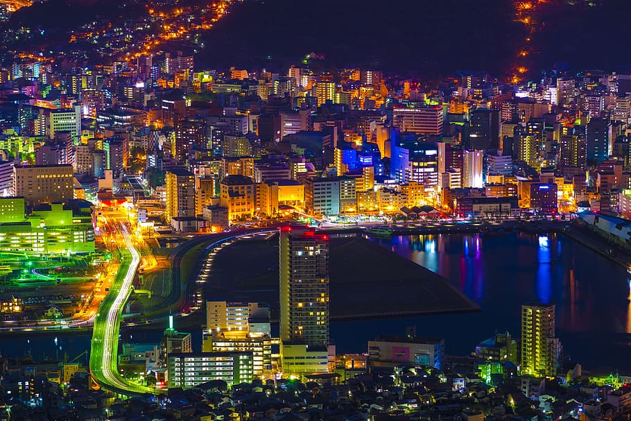 de Nagasaki, vista nocturna, Nagasaki, Japón, urbano, ciudad, paisaje urbano, noche, horizonte urbano, anochecer