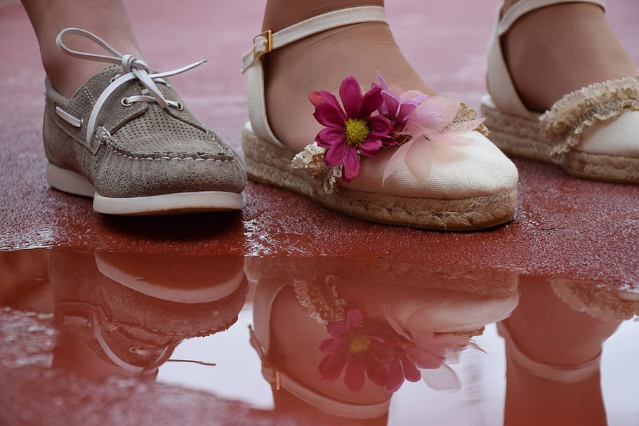 shoes, children, reflection, water, rain, soil, pavement, red, flower, daisy
