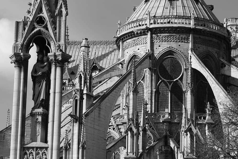 Notre Dame de París, catedral, París, monumento, blanco y negro, arquitectura, estructura construida, vista de ángulo bajo, exterior del edificio, nadie