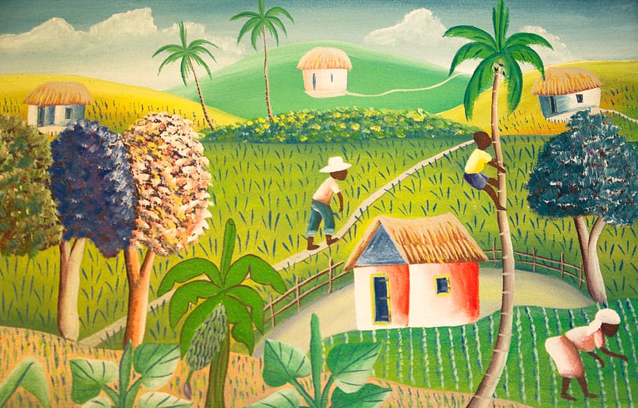 boy, climbing, coconut tree painting, haiti, painting, agriculture, fields, architecture, plant, built structure