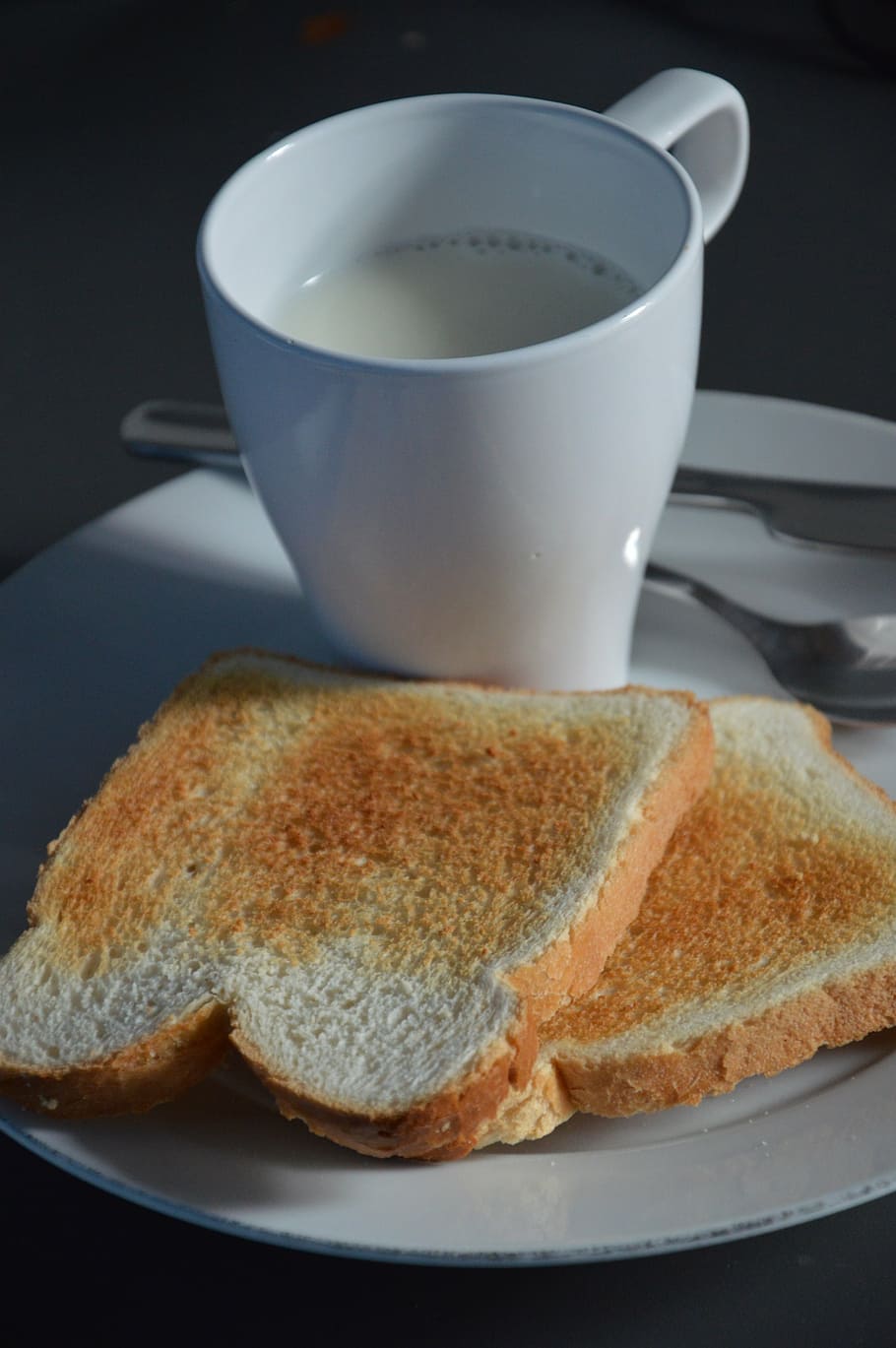 pão, caneca, café da manhã, branco, leite, limpo, minimalista, comida, copa, frescura