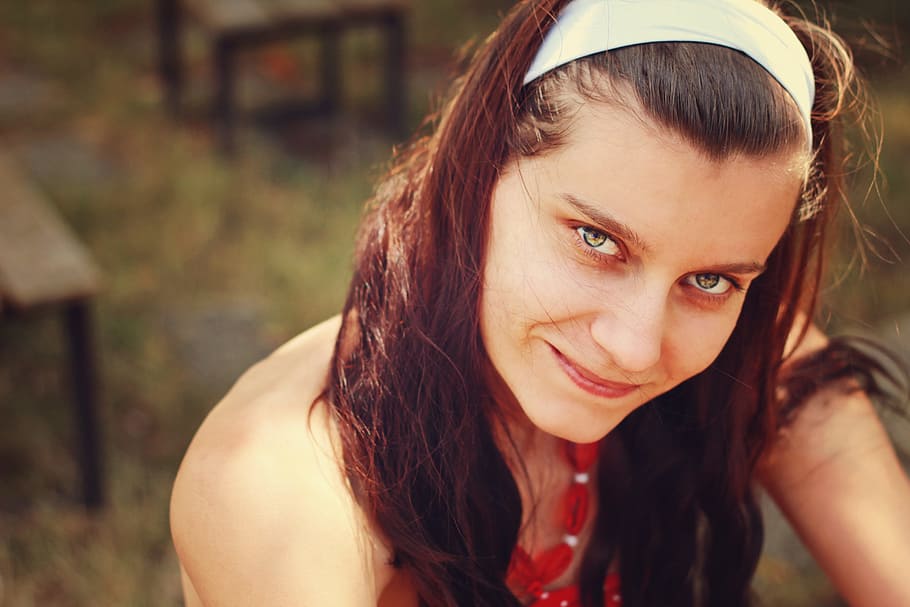 woman, wearing, white, headband, red, sleeveless, top, summer, young woman, smile