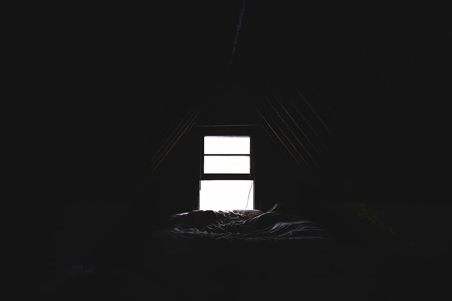 person, lying, bed, dim, attic, window, dark, room, light, blanket