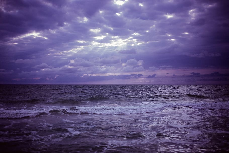 sun rays, clouds, wave, body, water, day, time, purple, sky, storm
