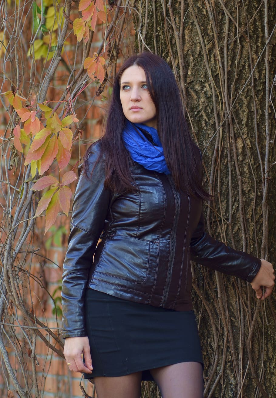 girl, autumn, stroll, photoshoot, blue shawl, outdoors, long hair, three quarter length, tree, one person