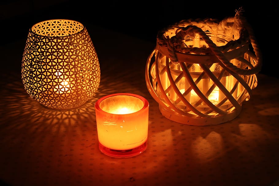 candles, candlelight, evening, romance, decoration, autumn, three candles, shining, contemplative, tea lights