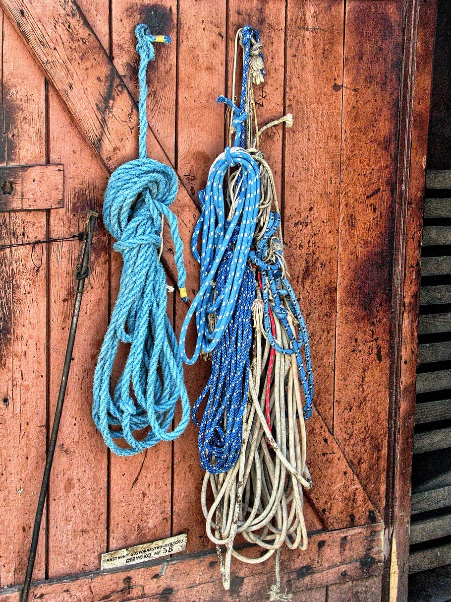 rope, hdr, wooden doors, giżycko, fishing farm, the fishermen, blue, day, strength, hanging