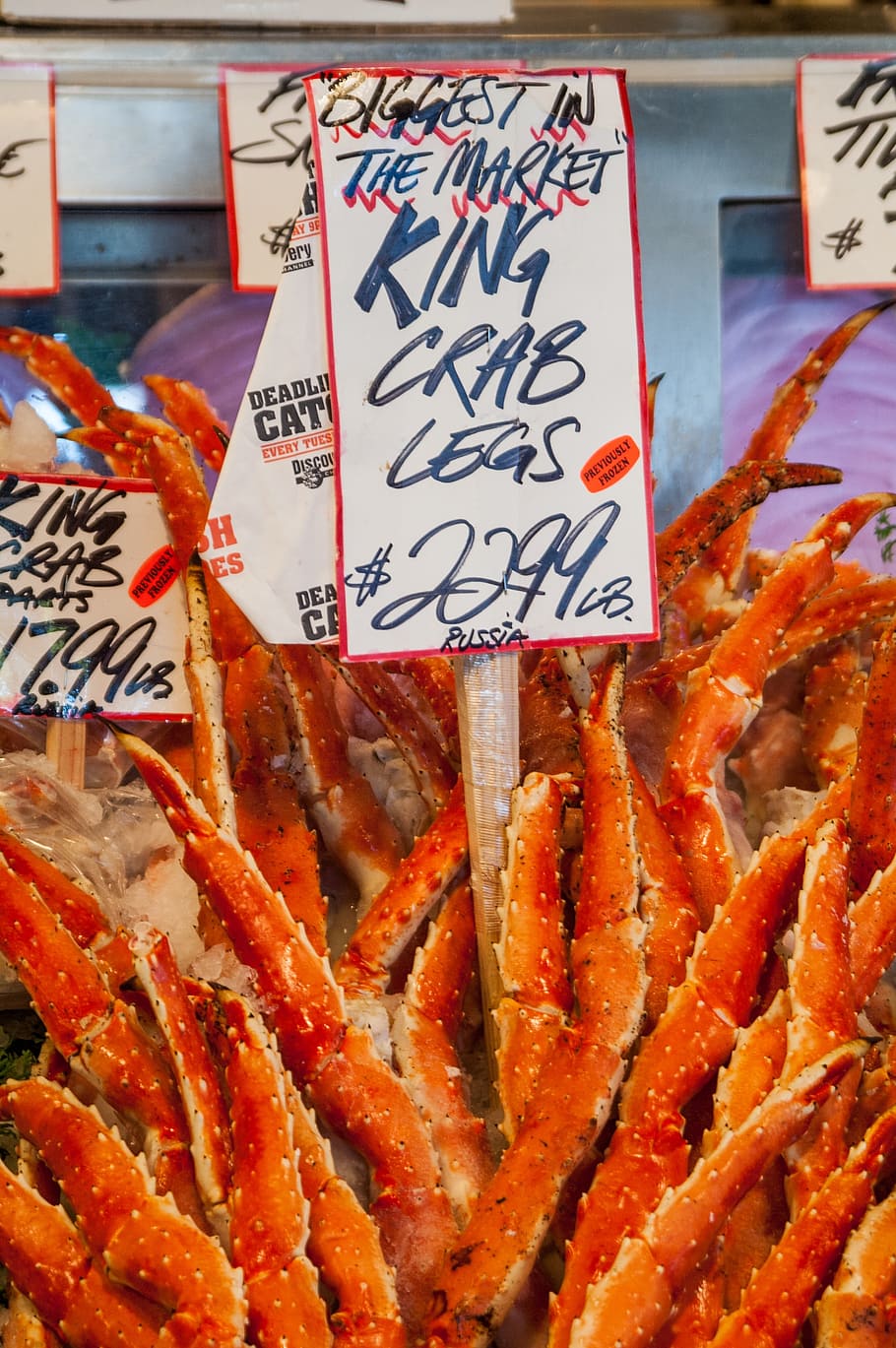 crab legs, king crab, fish market, farmers market, king, crab, seafood, food, shellfish, fresh