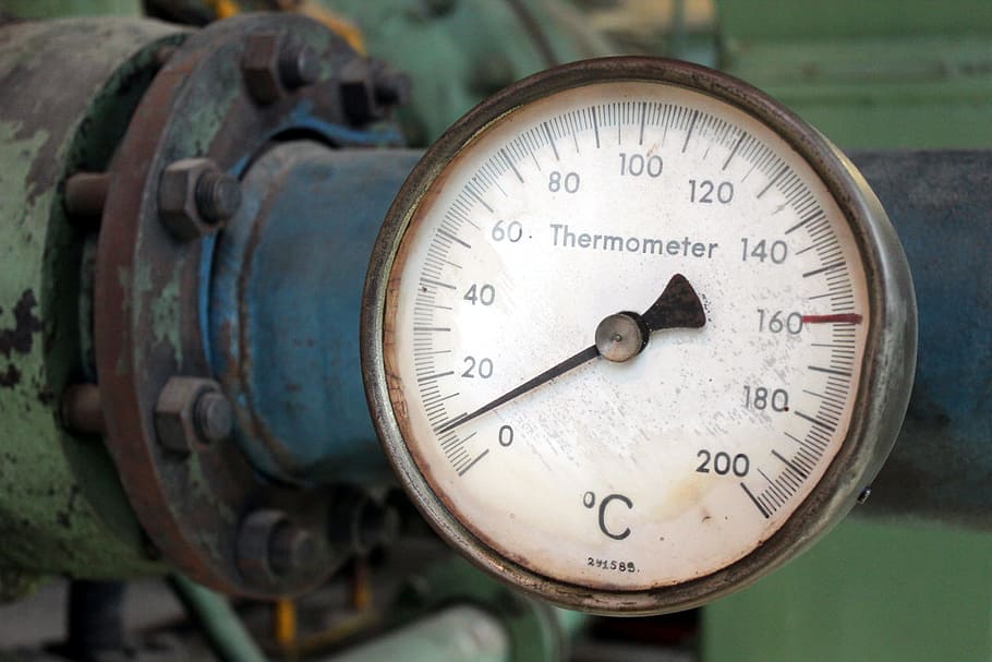 gauge, thermometer, temperature, factory, industry, patina, degree, celsius, morbid, ailing