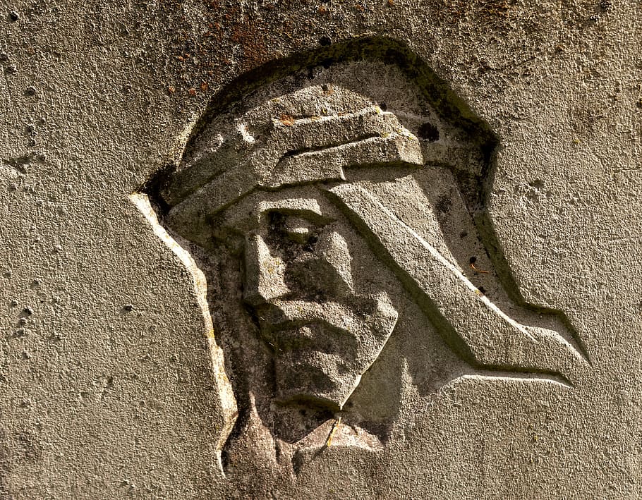 jesus face, carved, brown, concrete, wall, Jesus, sculpture, tombstone, old grave stone, cemetery
