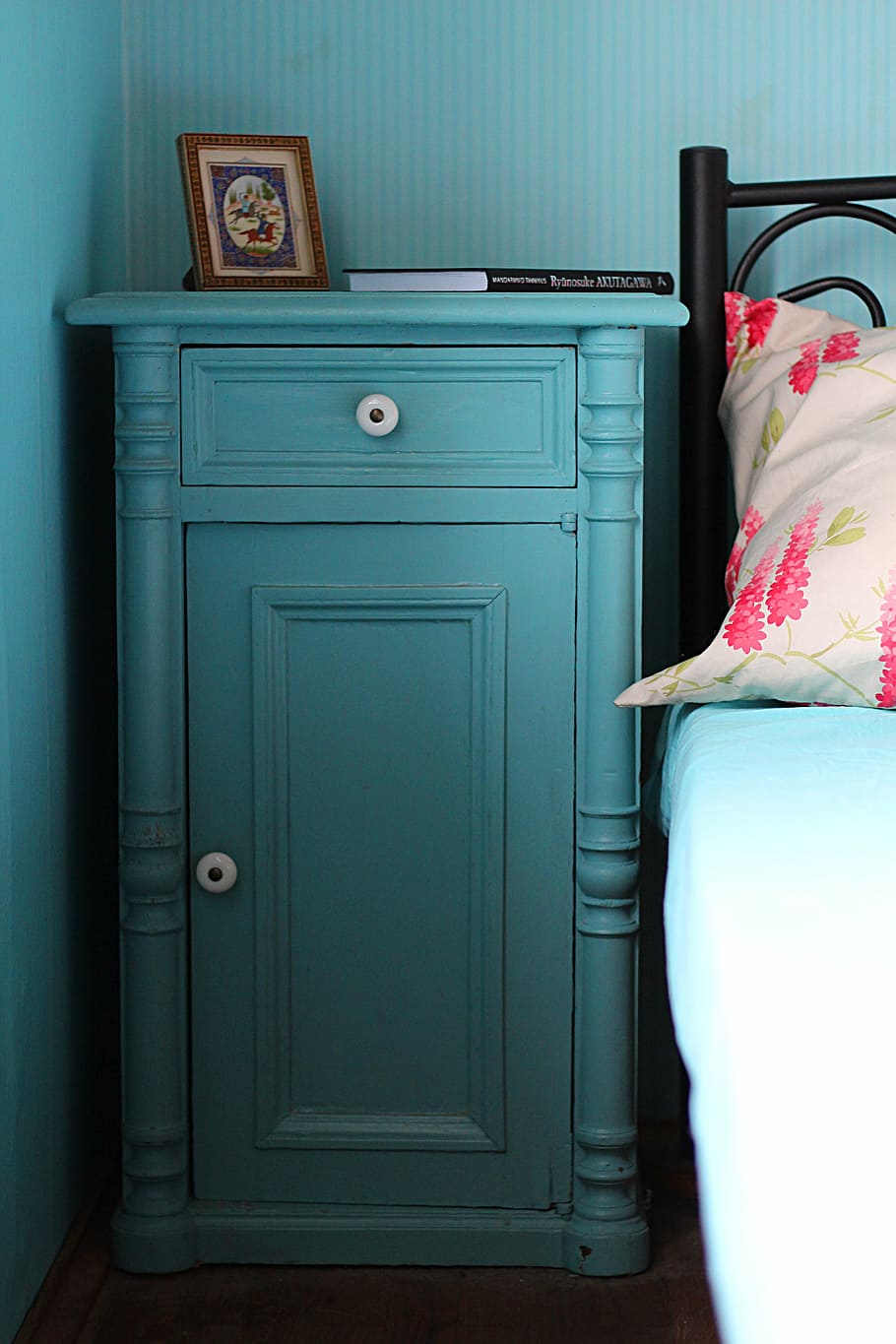 blue, wooden, cabinet, black, bed, nightstand, bedroom, bedside, indoors, one person