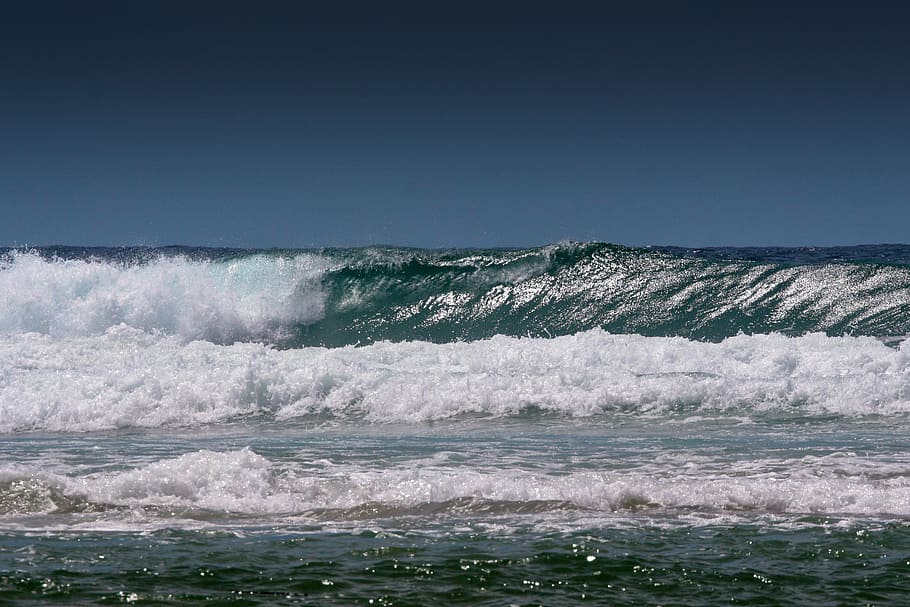 olas, mareas, ocea, mar, agua, gris, azul, con, acercándose, surf