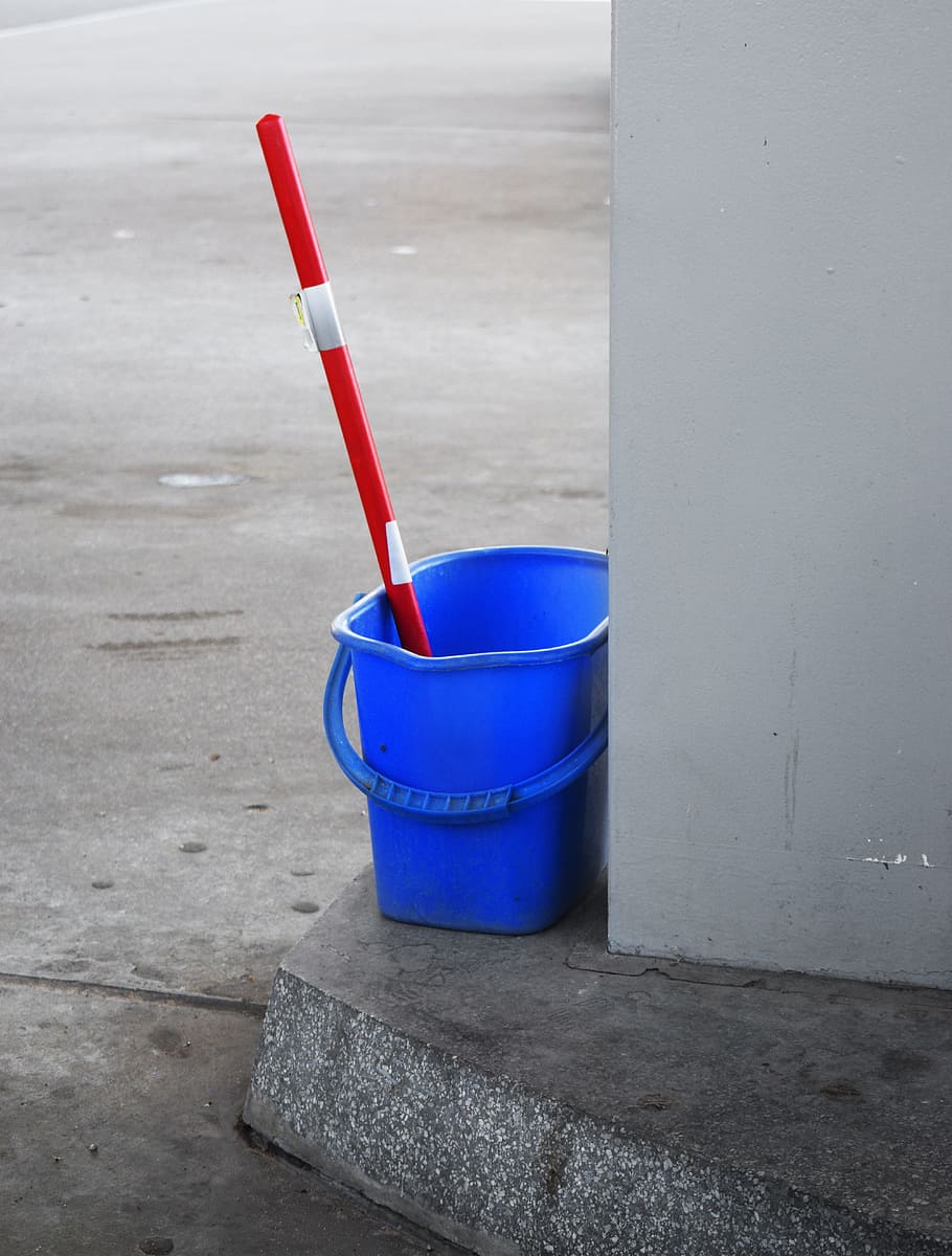 plastic, bucket, blue, cleaning, work, cleanup, supplies, sanitary, housekeeping, dirty