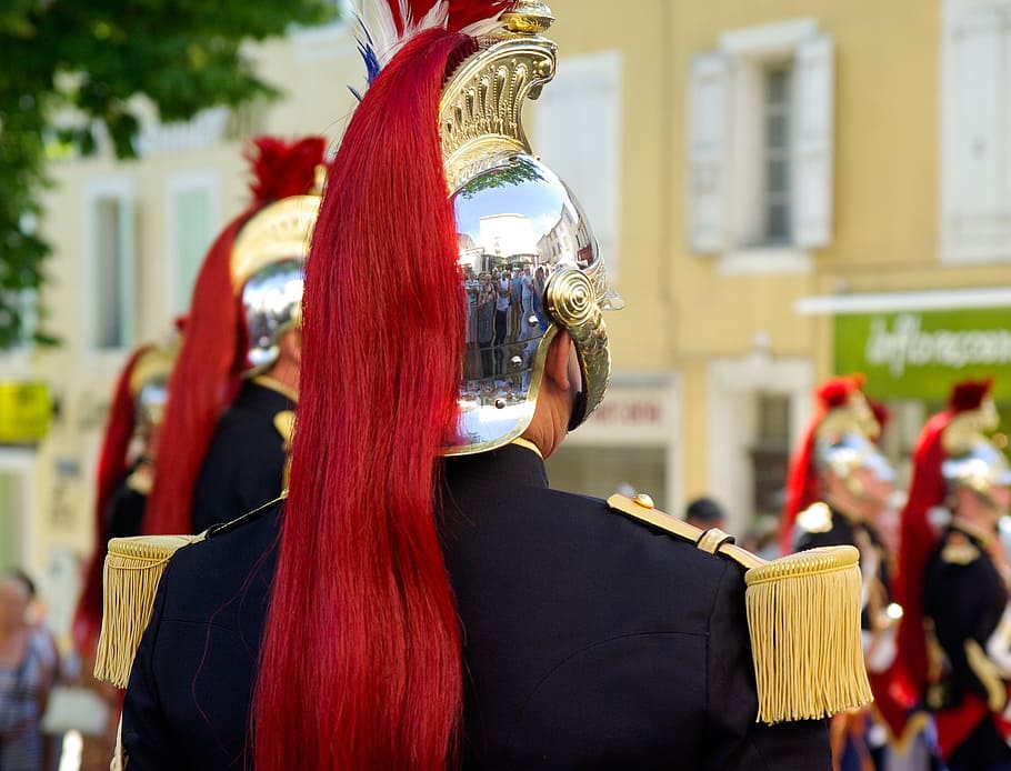 france, republican guard, helmet, military, cultures, people, parade, traditional Clothing, focus on foreground, rear view