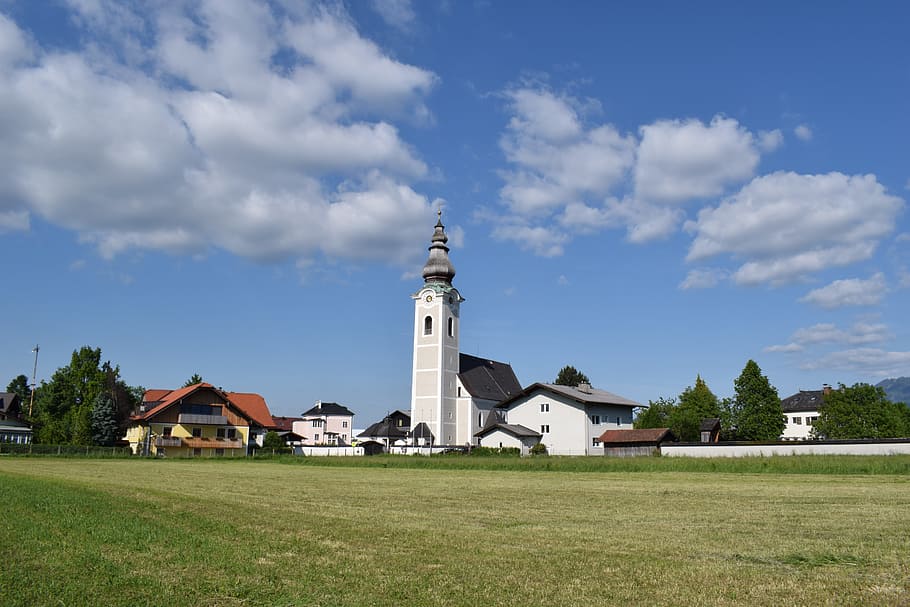 salzburg, church, wals-siezenheim, architecture, built structure, building exterior, building, sky, grass, place of worship