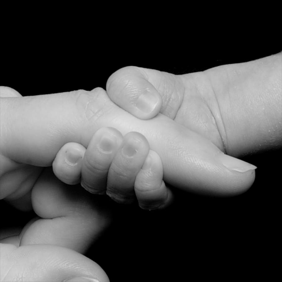 grayscale photo, baby, holding, woman, finger, newborn, hands, tenderness, hold, young
