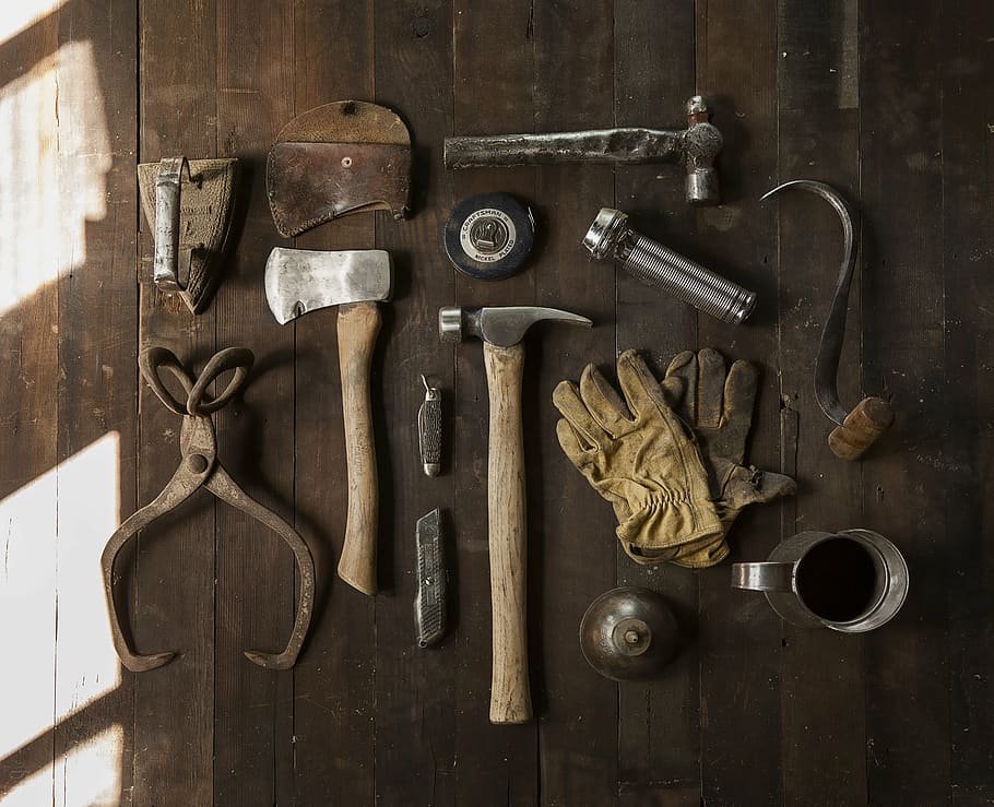 plano, endecha, fotografía, herramientas de mano, marrón, madera, surtido, mano, herramientas, mesa